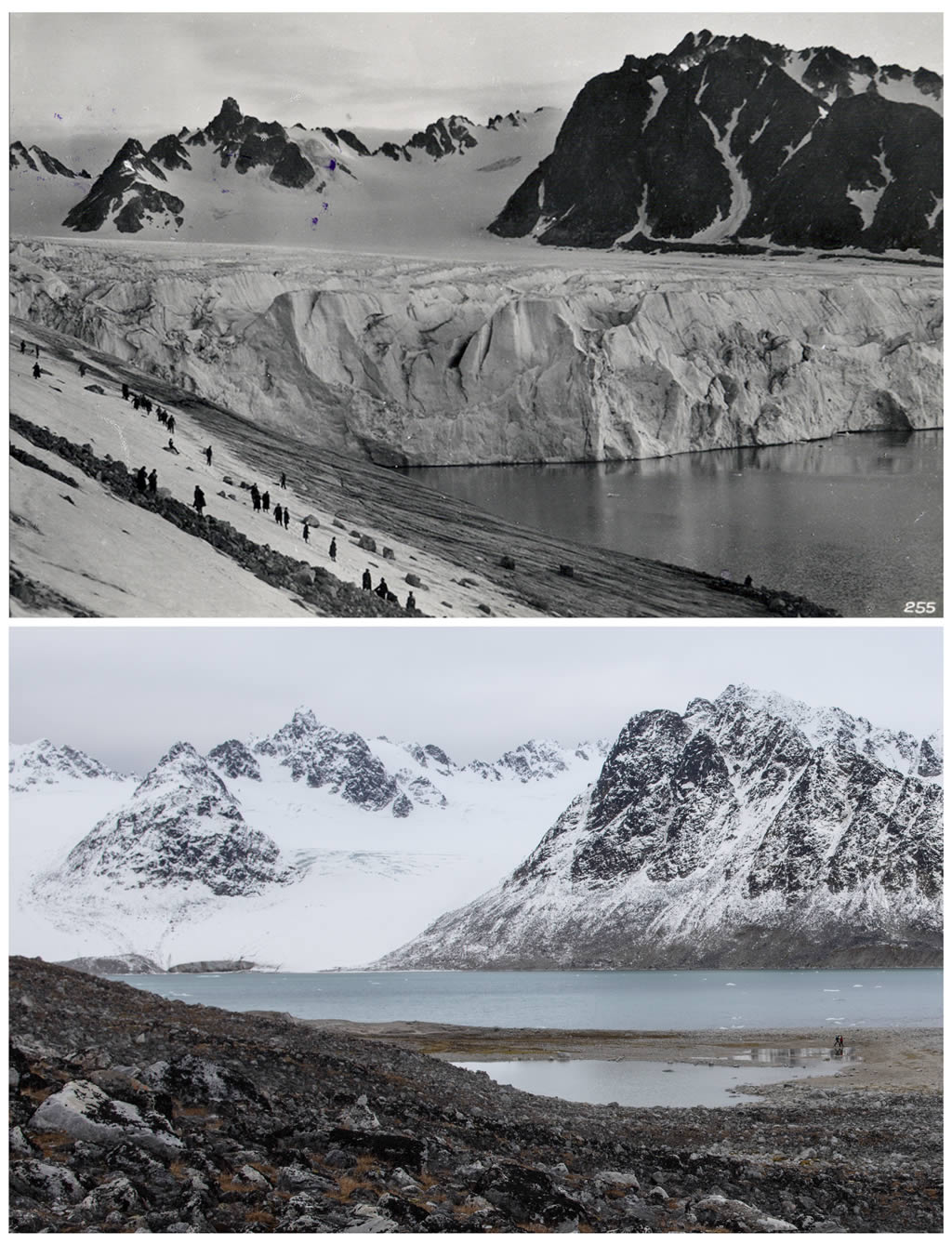 Svalbard, Magdalenefjorden, Gullybreen. PHOTO: [top] 1925 Carl Müller & Son (Courtesy of Andreas Hoenhe), [below] Tyrone Martinsson | Bridge Builder Expeditions Spitsbergen, Voyage I, 2016.