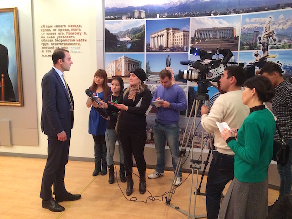 Christian Kamill, the Swedish ambassador in Kazakhstan, was visited by interested journalist, when the “Bridge Builder Expeditions” was presented by the IK Foundation on the regional museum in Petropavlovsk in northern Kazakhstan. Photograph: Lars Hansen.