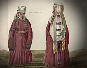 Coloured plate from Johan Peter Falck's journal – 'Kirgiz woman of the common people'.
