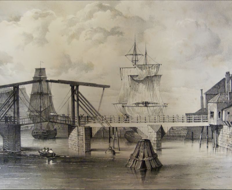 This somewhat later harbour view gives a detailed understanding of the importance of River Esk for all transports and goods arriving and leaving by sailing ships via the North Sea. ’Whitby old draw bridge... in 1833’. (Collection: Whitby Museum, Library & Archive, Plans and Views of Whitby, 769.942.74.) Photo: Viveka Hansen, The IK Foundation.