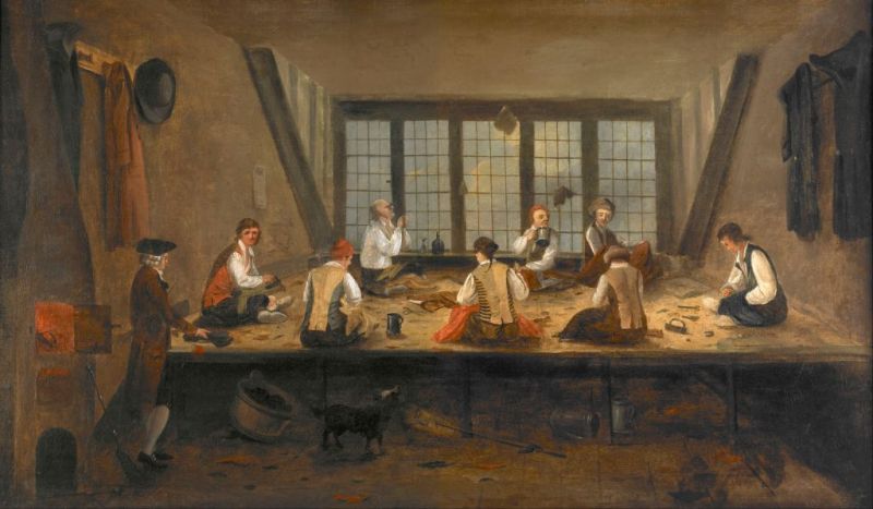 The artist is unknown for this oil on canvas from ca 1780, but the origin of the motif is likely to have been one of London’s innumerable tailoring establishments, where not only the craftsmen’s everyday working environment is shown, but what can also be seen are such details as remnants of bits of broadcloth and other fabric in the workshop. (Courtesy of: Museum of London, 2002-179, Wikimedia Commons).