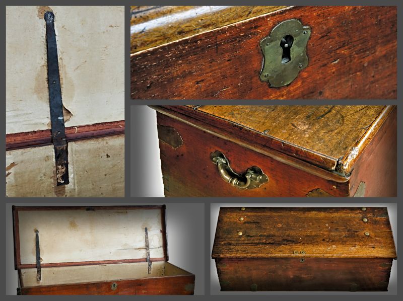 While the lid of Pehr Osbeck’s chest has been painted in slightly varying glossy varnish compared to the rest of the chest, and three decorative arched brass fittings on either side are linked together with the long slim hinge fittings on the inside of the lid. The lid fitted tightly was essential so that damage caused by humidity, grime, harmful insects and vermin could be minimised. The lock mechanism, seen from the inside, is made of iron with brass exterior fittings. The key to the chest is missing. During a voyage, the chest was, in all likelihood, the only portable storage container that could be locked, and therefore, the construction and durability of the lock were crucially important. Photo & Collage: The IK Foundation, London, UK (Private ownership).