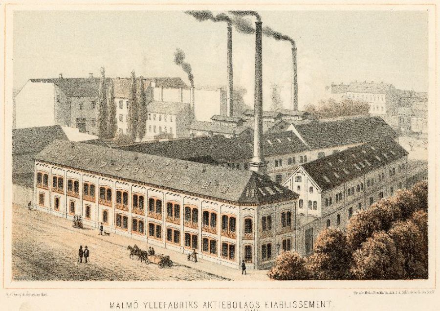 This Malmö woollen factory was established in 1861-62, here depicted about 10 years later. Initially the firm worked as a shoddy industry – weaving cloth from wasted woollens, clippings etc. At the time of this image, the workforce consisted of about two hundred employees who produced coarser cloths, corduroys and fabric for duffle coats. Lithograph after an original of unknown artist (Courtesy of: Malmö Museum, No: MM 042424).