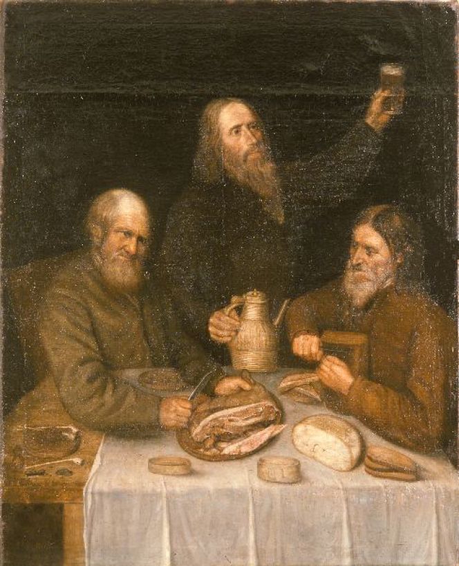 Early 18th century portraits of ordinary people in the Nordic area is quite unusual. This painting dating 1701 is a rare example – purchased by Kulturen in Lund 1904 from the Malmö merchant Eugen Wingårdh. Maybe the farmers lived in the same area 200 years earlier. All three men are depicted in warm woollen clothes of wadmal or broadcloth, whilst a linen tablecloth covered the table. Oil on canvas, attributed to Magnus Jürgens. (Courtesy of: Kulturen in Lund, KM 14554, Creative Commons).