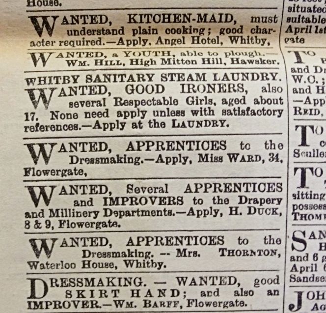 Whitby Gazette, April to June 1905. A method of advertising for employees common in style since the late 1850s. (Collection: Whitby Museum, Library & Archive). Photo: Viveka Hansen, The IK Foundation.