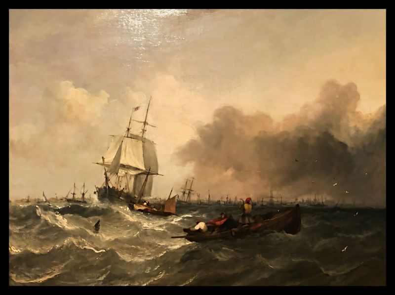 ‘A collier brig and other shipping in a choppy sea off Whitby’ by the Whitby-born artist George Chambers (1803-1840). Chambers was an established marine painter in the early 1830s, from which years this oil on canvas most probably can be dated. Notice the yellow, red and white jackets – easily obtainable colours for most individuals – worn by the three men in the small boat. These shades from natural dyes or un-dyed wools illustrated on garments in marine art are also evident from a broader British and West European perspective, judging by a close-up study of a large number of paintings dating from the 17th to the early 19th centuries. On display in the extensive exhibition at the Maritime Museum in Hamburg, as well as at Whitby Museum and Pannett Park Art Gallery in Whitby. (Collection: Internationales Maritimes Museum Hamburg, Germany. Artwork in Exhibition). Photo: Viveka Hansen, The IK Foundation.