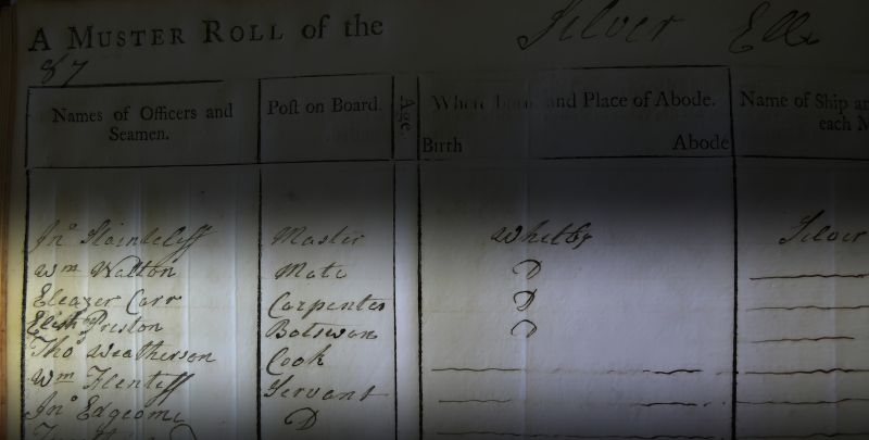 ‘A Muster roll of the Silver Ell’ – whose Boatswain Elisha Preston was born in Whitby – ‘Paid the 5 Febr. 1766 to the 16 Dec. laid up’. He worked with a crew of 30 men. As can be seen from this muster roll, the boatswain held a relatively important position on the ship, since here, as in many other muster rolls, he is listed with the carpenter straight after the master and the mate. (Collection: Whitby Museum, Library & Archive, Muster roll 1766). Photo: Viveka Hansen, The IK Foundation.