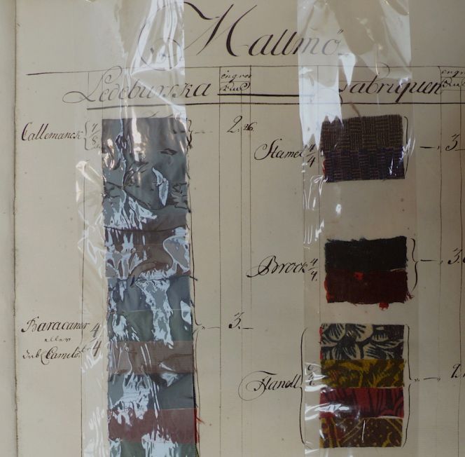 Fabric samples which originate from the woollen manufacturer Johan Cornelius Ledebur in Malmö, 1744 (Ledeburska Fabriquen). Despite the plastic film, these colourful samples demonstrate some of his workshop’s assortment of broadcloth in various weaving techniques and printed flannels. Riksarkivet [Swedish National Archives], Stockholm. Photo: Viveka Hansen.