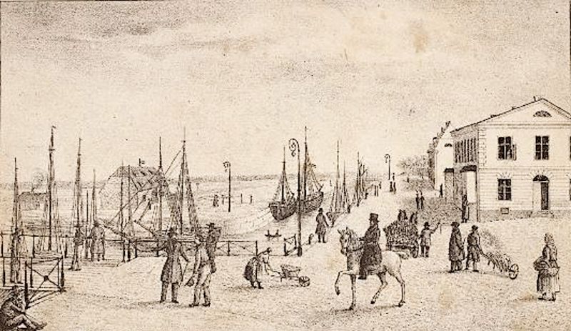 A contemporary view of Malmö from 1843 shows the harbour and sailing ships, a place where much of the imported goods sold at the establishment of Luttropp & Andersson must have entered the city. Lithograph by Carl Conrad Dahlberg. (Courtesy of: Malmö Museum, No: MM 002215:007). 