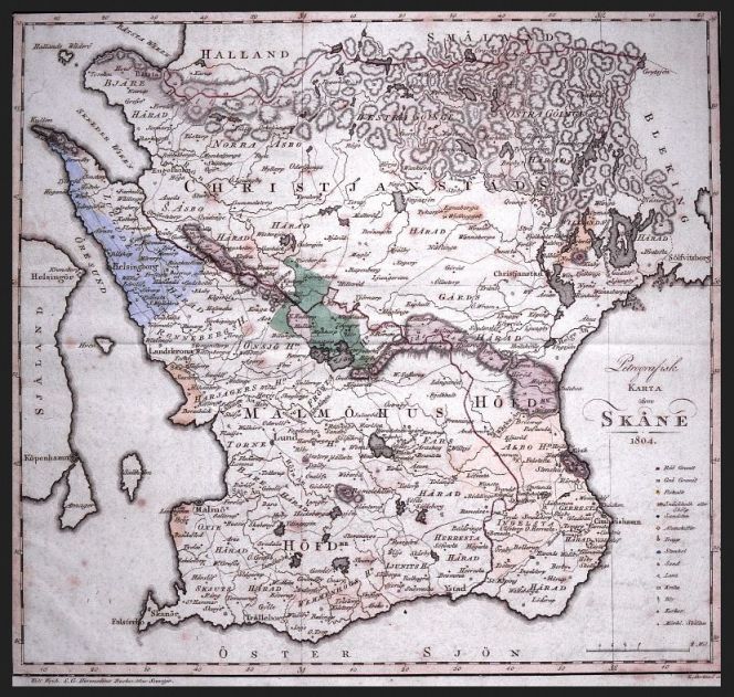 An 1804 map of the county of Skåne in southernmost Sweden, including Malmö situated on the west coast by Öresund. (Courtesy of: Malmö Museum, No: MHM 007880).