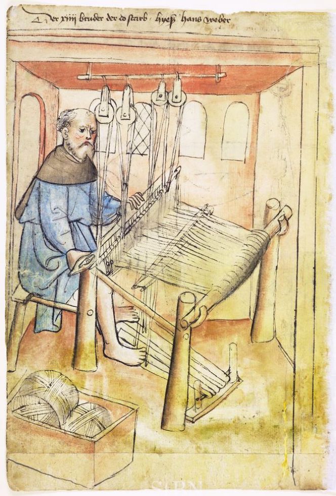 This detailed depiction of a weaver from Nürnberg [Germany] ca 1425 is a good  comparison with the horizontal looms, a type also used by weavers in  Malmö during the 14th and 15th centuries (Courtesy of: Wikimedia Commons).