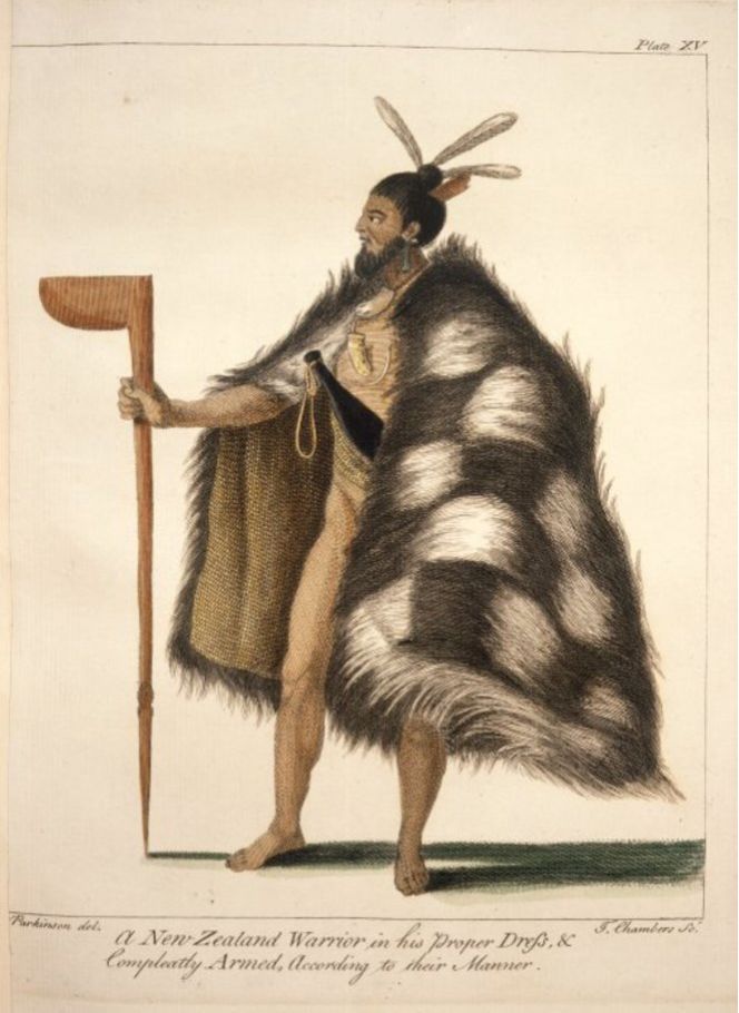 A similar type of New Zealand cloak, differing in the way that the entire garment was made of dog fur and only lined with the traditionally made New Zealand flax fibre fabric. Mentioned as Plate XV. ‘A New Zealand Warrior in his Proper Dress, & Compleatly Armed, According to their Manner’ in Sydney Parkinson’s travel journal. Among several others in the crew, the young artist Parkinson died during the homeward leg of the voyage in January 1771 and his journal was published posthumously in 1784. (From: Parkinson, Sydney, A Journal of a voyage to the south seas in his Majesty’s ship The Endeavour, p. 124).