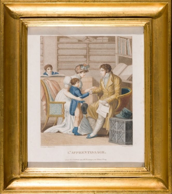 This depiction of a draper’s apprentice dating ca 1800, gives a rare glimpse into how  young some of these boys were at the beginning of their apprentice period. Possibly the image shows an exclusive Paris drapery, but the detailed interior is in many regards comparable to similar trades in London. His mother in up-to-date fashion saying farewell, the boy’s chest with all necessary belongings, the draper’s rolled-up legal agreement etc. This so-called ‘indenture’ was an important document for apprentices as evidence of officially approved proficiency in their particular occupation, as well as under which terms they worked during an apprentice period of usually five to seven years. By Augustin Legrand after an original by Martin Usteri. (Courtesy of: Digital Museum/The Nordic Museum, Stockholm, Sweden, no 234863).