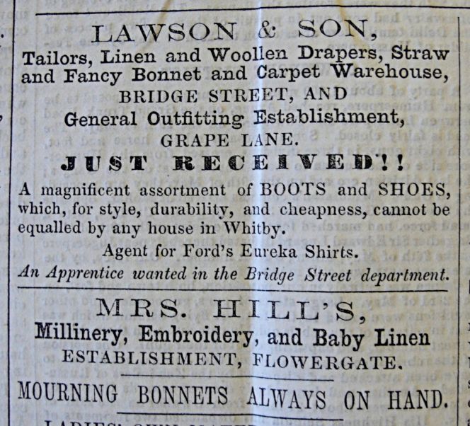 Whitby Gazette 3 July 1858, Lawson & Son advertised for ‘An Apprentice wanted in the Bridge Street department’. (Collection: Whitby Museum, Library & Archive). Photo: Viveka Hansen, The IK Foundation.