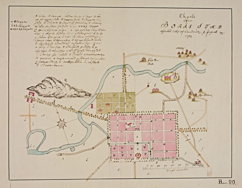 During one of his provincial Swedish tours, the journey to Västergötland in 1746, the naturalist Carl Linnaeus (1707-1778) noted in his travel journal that the town of Borås had three dye works, one of which was ‘Langlet’s dye-works’ where he and his travelling companions had the opportunity to watch many stages of the dyeing process on 5 July. This map of the manufacturing town Borås, drawn about twenty years later, gives an enlightening view of the place. From a dyeing perspective, the house and surrounding fields with the letter [l] were named ' Dye plantation’ in the text. Even if brazil-wood was first mentioned two days later in the neighbouring town of Alingsås, such dye wood was probably used in the dye works in this town. | Map by the cartographer J. Forsell in 1767, watercolour pencil drawing. (Courtesy: Lund University Library, Sweden. Alvin-record: 2000098. Public Domain).