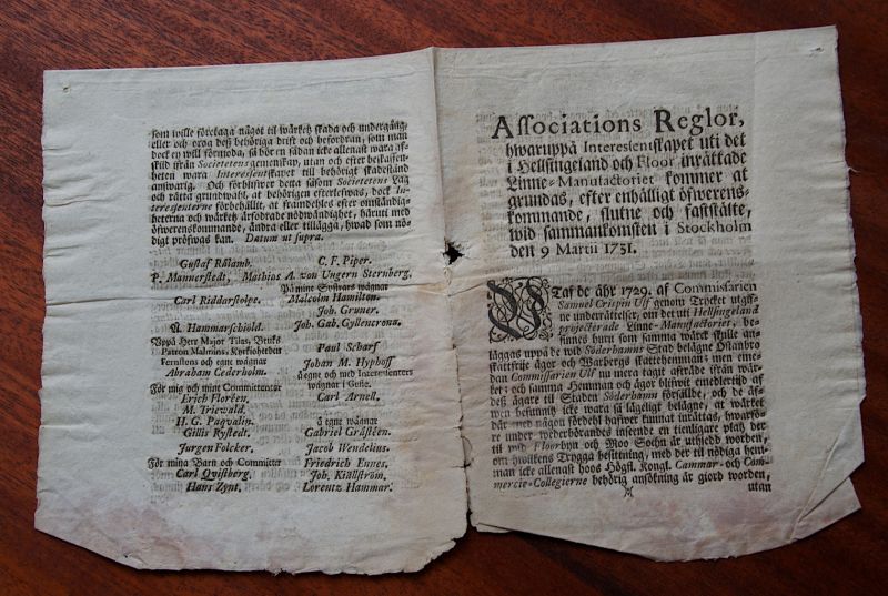 This eight-page set of regulations  for interested parties and potential ownership of a total of ‘600 Lots’ in the Linen Manufacture of Flor was printed in 1731. Among the signatories local interested parties as well as men of influence in Sweden were listed in that year, such as ‘C. F. [Carl Fredrik] Piper’. Later he and the family – possibly already at this stage – owned 45 lots. (Collection: Historical Archive of Högestad and Christinehof, Piper Family Archive, L/XI). Photo: The IK Foundation, London.