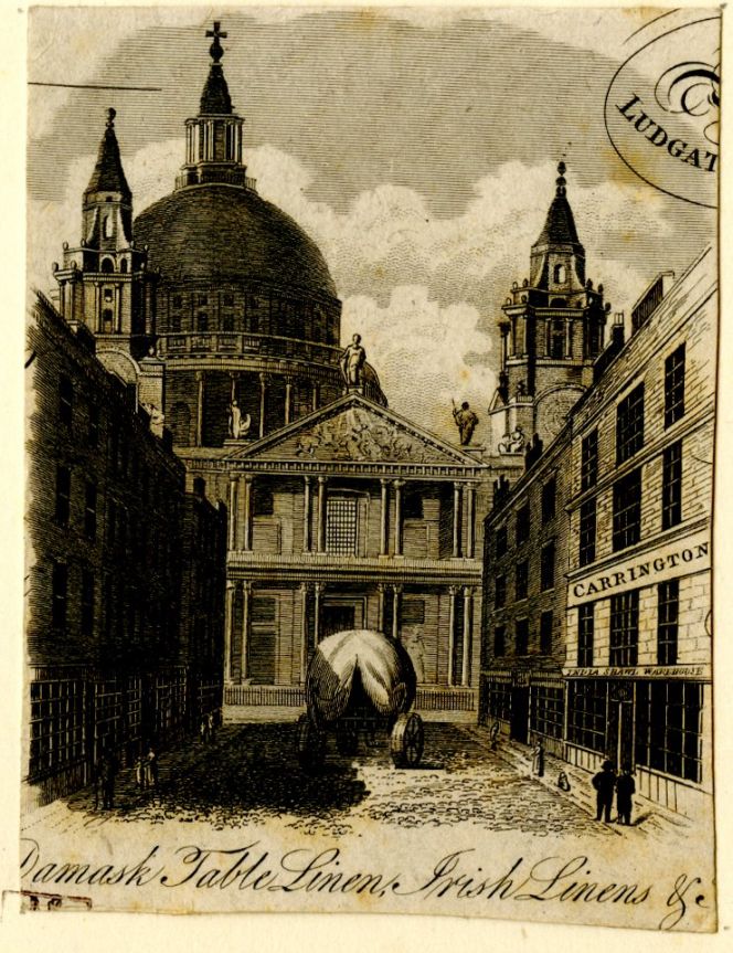 In the larger towns and cities either long-established firms expanded or many new specialised shops opened during the 1830s to sell every imaginable clothing detail. Some examples in London were Urling’s Lace Warehouse in Regent Street, J. Holmes’ Shawl Emporium in the same street, the C. & G. Roberts’ warehouse which sold trimmings and lingerie at St Paul’s Churchyard, and Haberdashery Hitchcock and Rogers on Ludgate Hill. This part of an early 19th century trade card, illustrates Ludgate Hill close to St Paul’s Cathedral and some of the textile shops at the time (Courtesy of: British Museum, Collection online, Trade cards, draper, Heal,80.52).