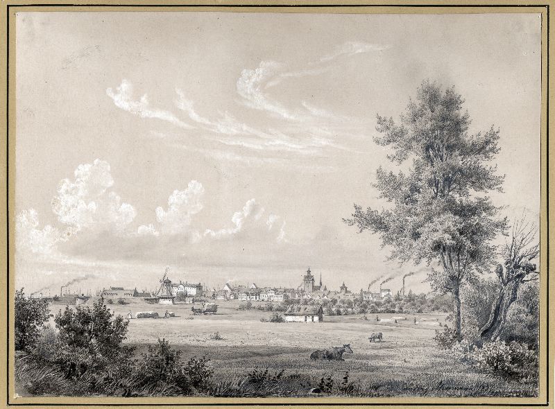 This view of Malmö from 1857 was sketched from the nearby countryside and gives a good understanding of the early industrialisation, including the high chimneys from the spinning and weaving factories of the city. The new railway is not visible from this angle, but the first line was established just the year before and came to be of great importance for the urbanisation of the area. Pencil and tinted drawing by Carl Ludvig Ferdinand Messman. (Courtesy of: Malmö Museum, No: MHM 002903).