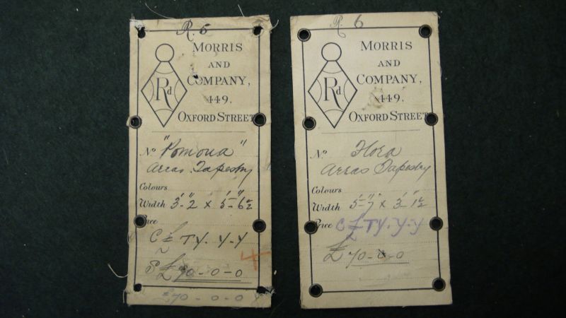 The original price-tickets from 1900 of the Flora and Pomona tapestries, purchased by Robert Elliott Pannett in Whitby. (Collection: Whitby Museum, Library & Archive, 0087/2/3/1-2). Photo: Viveka Hansen, The IK Foundation, London.