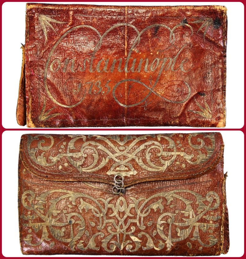 An essential part of ongoing preparations during long journeys was to make fieldwork notes to assist one’s short-term memory and for further research or publication when returning home. This well-preserved pocketbook of red saffian leather, with a silver thread embroidery reading “Constantinople 1735” and a delicate chain lock – gives several clues to 18th century travel. | Front and back, pocketbook, “Constantinople 1735” (Courtesy: Nordic Museum, Stockholm, Sweden. No. NM.0153891).