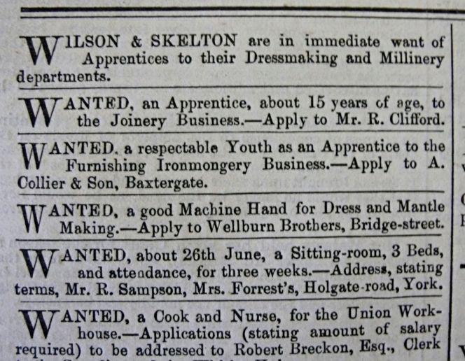 Whitby Gazette, April to June 1880, ‘Wanted Apprentices...’. (Collection: Whitby Museum, Library & Archive). Photo: Viveka Hansen, The IK Foundation. 