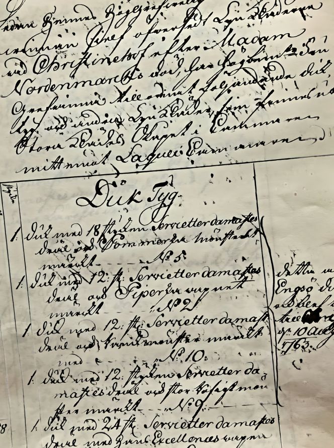 Listed linen at Christinehof Manor House in 1766. (Collection: Historical Archive of Högestad and Christinehof, Piper Family Archive. D/1a). Photo: Viveka Hansen, The IK Foundation.