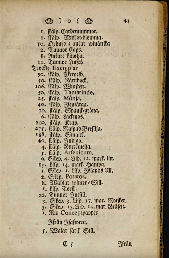 Another traveller during the 1740s was the baron and architect Carl Hårleman (1700-1753), who journeyed from Stockholm to the provinces of southern Sweden in 1749. Among various observations, he made detailed recordings of imports; interestingly, in the centre of this depicted page in the printed journal, he stated, ‘275 pounds of splintered brazil-wood. This dye wood, together with a multitude of exotic long-distance trade (including indigo and madder) together with various European commodities, was part of a ‘List of imported goods at Helsingborg Sea Customs for the year 1748’, which all had been brought in with ships via the harbour town of Helsingør in Denmark. (From: Hårleman… 1749. p. 41. see sources).