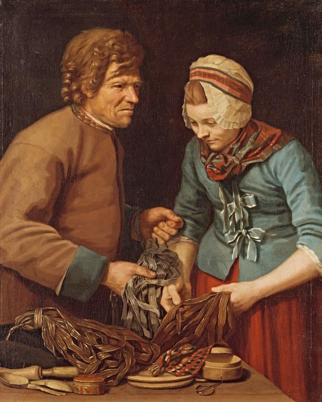 A pedlar and his female customer are depicted on an oil canvas circa 1780s-90s by Pehr Hilleström. The painting gives a detailed view of what sort of goods were for sale, which were special privileges for rural trading, commerce carried out in a south-north direction from Skåne to southern Norrland in Sweden. Interestingly, Könsberg noted that, concerning ribbons, ‘In Sweden, a considerable amount of ribbons are made, so it seems unnecessary to import these from abroad.’ (Courtesy: Nationalmuseum, Stockholm, Sweden. No: NM 1424).