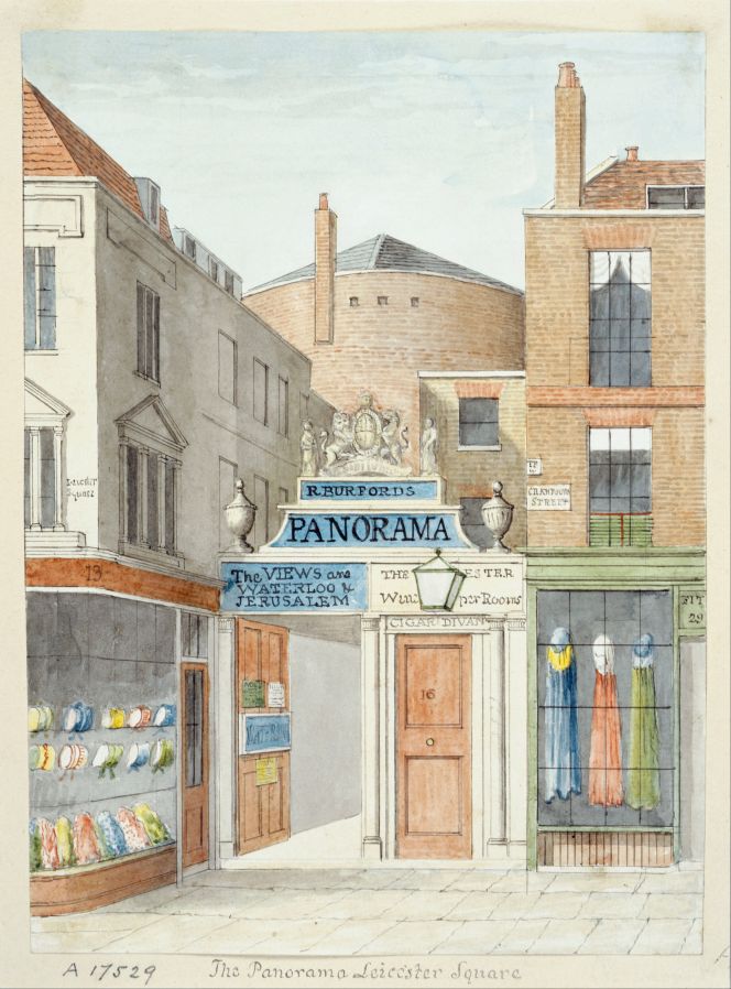 This drawing/watercolour by unknown artist of “The Panorama, Leicester Square” in London gives  a rare view in colour of window dressing in circa 1840s, with cloaks and matching hats etc arranged in  a colourful display. Courtesy of: Museum of London. (A17529, Google Art Project, Electronic Source).