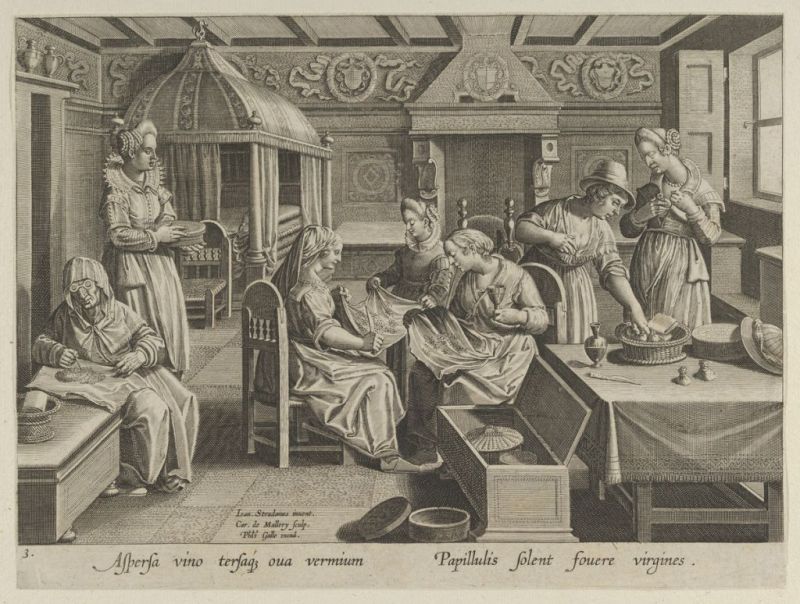 This detailed engraving – being 150 years old already at the time of Linnaeus’ visit in Malmö – clearly demonstrates the increased difficulty with sericulture in another unsuitably cold climate. The women worked with the incubation of the silkworms, and tried to keep them as warm as possible by wrapping them in cloths or tie-on pockets and putting the delicate parcels in protective baskets. From: The Incubation of the Silkworm Eggs, Plate 3 “The Introduction of the Silkworm” by Karel van Mallery, Antwerp in ca 1595. (Courtesy of: The Metropolitan Museum of Art, Online Collection, No: 49.95.869.2).