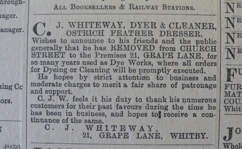 Another Whitby dyer informing his costumers about a move of the business and ongoing dyeing services – including the more unusual sideline of ‘Ostrich Feather Dresser’. Whitby Gazette, 16 August 1889. (Collection: Whitby Museum, Library & Archive). Photo: Viveka Hansen, The IK Foundation.