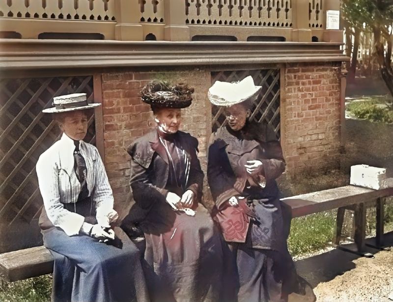 Whilst this outdoor photograph was taken about forty years later, in 1906, it shows three middle-class ladies – maybe three generations – in a garden or park milieu. Notice the ongoing work with crochet lace in the elderly lady’s lap. This was when snapshot photographs became in demand, and more and more people of the upper- and middle classes owned cameras to immortalise family moments. Crochet, for instance, was not seldom, intentionally or unintentionally, included in such pictures. (Courtesy: Smålands Museum, Sweden. NIDA0211. DigitaltMuseum & added modern digital colouring).