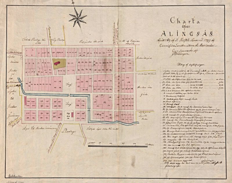 Map of Alingsås, by J. Forsell in 1769 and renovated in 1799 by M. Meurlander. (Courtesy: Lund University Library, Lund. Alvin-record: 97728. Public Domain).