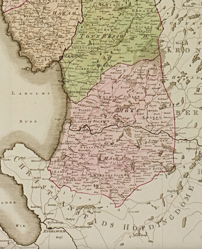 Map of Halland province, dated 1807, is almost contemporary to Pehr Osbeck’s published book in the previous decade. The parish of Hasslöv [marked ‘Hasslöf’ on the map] was situated in Höks district, a parish bordering the most southerly province Skåne in Sweden. (Courtesy: Lund University Library, Old Map Collection. Alvin-record:55040. Part of the map in the picture. Public Domain).