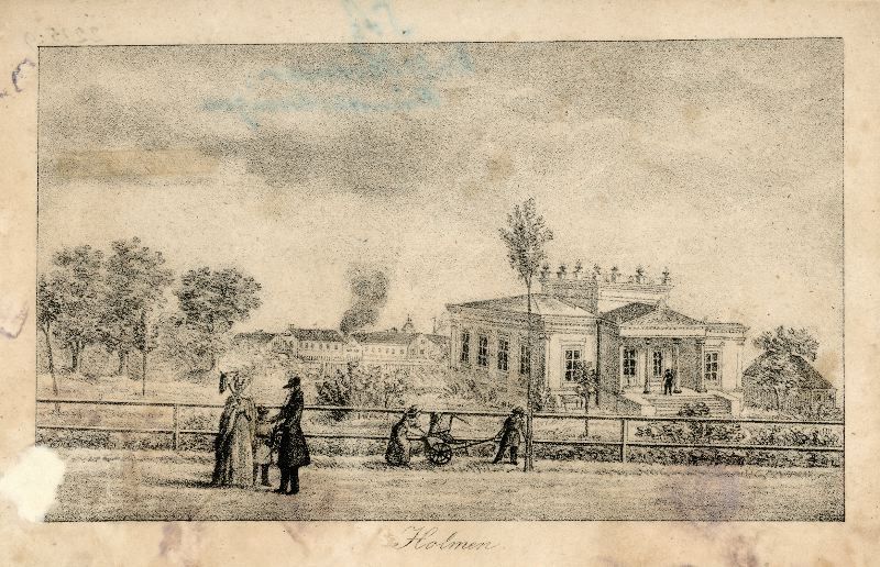 Lithograph by Carl Conrad Dahlberg in 1843 depicted villa “Holmen” with its surrounding park in the outskirts of the growing Malmö – which by then had just over 10 000 inhabitants. A few citizens give example of family life, everyday clothing and fashions from the time. (Courtesy of: Malmö Museum, No: MM 02215:009).