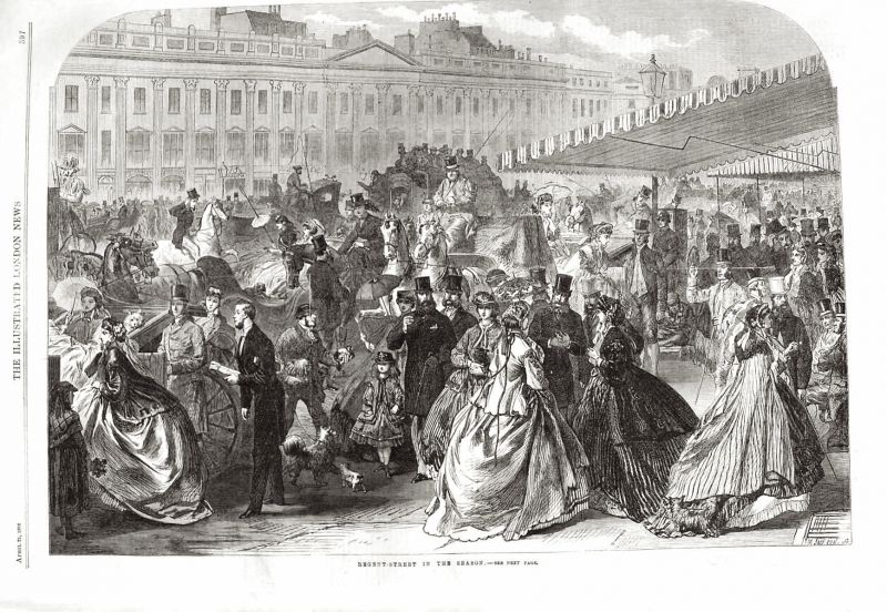 Many large and prominent drapers' establishments were to be found along Regent Street in London, as seen in this 1860s illustration from the 'Illustrated London News', in which the many horse-drawn carriages are actually contributing to a traffic jam caused by shopping (Illustrated London News, 1866).