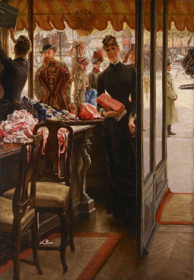 The oil on canvas depicting a shop girl or “La demoiselle de magasin” in Paris,  dating 1883-1885 by James Tissot furthermore presents an unusual view of a  shop window. By looking out on a marketplace through the window – it is not only  possible to study the interior and the daily work of the shop assistants, but also the  window arrangements and in particular the exquisite jacket-bodice (lacking sleeves)  placed on the adjustable stand. Courtesy of: Art Gallery of Ontario. (67/55, Electronic Source).