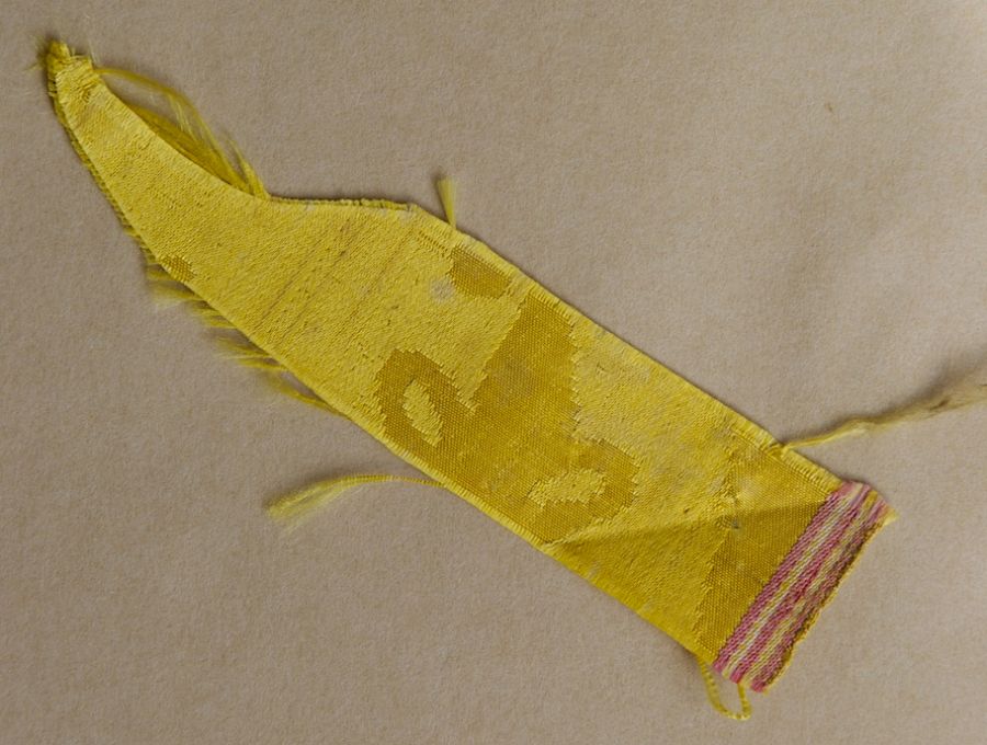 This small piece of silk damask was part of the discussion in a series of letters between the son, Carl Gustaf and his father Carl Fredrik Piper in 1763. Among other matters regarding the process of dyeing a similar type of silk fabric to the desired shade by a professional dyer in Stockholm and how best to transport such an expensive silk the ca 500 kilometres to southernmost Sweden. Additionally notice the contrasting colours of the fabric selvedge, which probably indicates East Indian origin. (Collection: Historical Archive of Högestad and Christinehof, Piper Family archive, no D/IX & E/II a1) Photo: The IK Foundation, London.