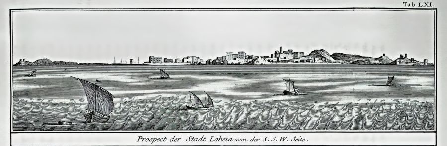 The prospect of the town of Lohaja is seen from SSW, with the typical vessels described by Peter Forsskål. | Illustration from his travel companion’s journal: Niebuhr, Carsten, Beschreibung von Arabien…1772. (Tab. LXI).