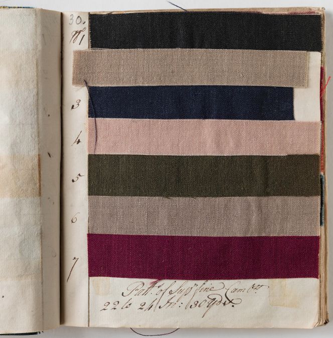 Another contemporary example from Anders Berch’s Collection – used in educational material in the mid-18th century – with Könsberg’s dictionary is this selection of English Camlets – a worsted fabric woven in tabby. According to Könsberg, this type of fabric was imported from England and other countries but was also domestically woven, as seen in the point below. (Courtesy: Nordic Museum, Stockholm, Sweden. NM.0017648B:1. DigitaltMuseum). 