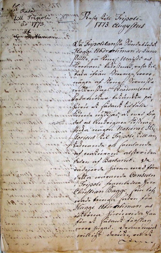 The first page of Göran Rothman’s travel journal. (Courtesy: Kungliga Vetenskapsakademien…Rothman’s travel journal 1773-1776).