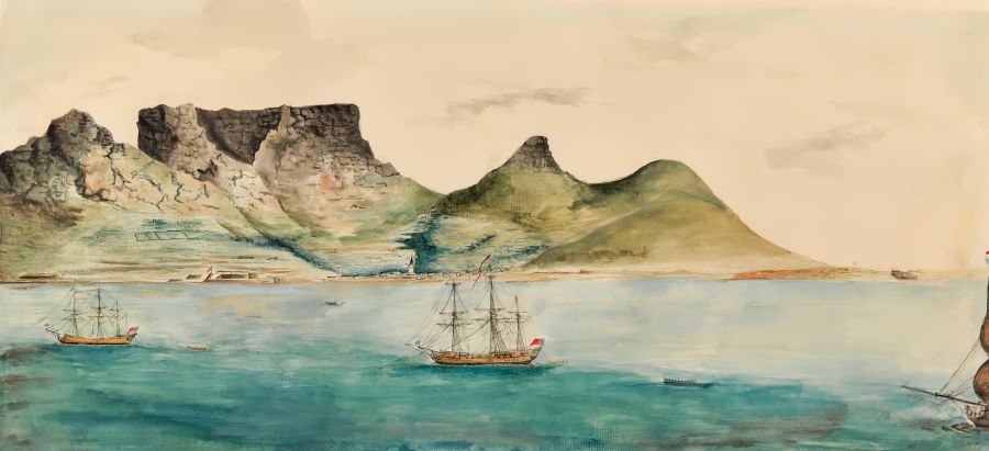 Before the ships sailed from Cape on 22 November in 1772, the assisting botanist Anders Sparrman (1748-1820) noted the following in his journal: ‘Moreover, for the specific benefit to science from this voyage, the following – Joh. Reinh. Forster (1754-1794), father, and his son Mr Georg Forster (1729-1798), the astronomer Mr William Wales (1734-1798), and the landscape painter Mr William Hodges (1744-1797) - were engaged to the ship Resolution, commanded by our commander Captain Cook (himself the 112th person).’ In this watercolour, the accompanying painter, William Hodges, depicted the scene of the two ships, the Table Mountain and Cape – a bustling harbour town where extensive preparations had taken place almost one month prior to the continuing sailing in a southerly direction. Watercolour by William Hodges on James Cook’s 2nd voyage 1772-75. (Mitchell Library, State Library of New South Wales. Safe/PXD 11. IE9611721. FL9611886).