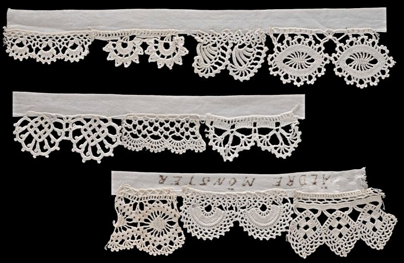 This well-preserved sample collection of crochet lace by Jenny von Rothstein in Stockholm dates from 1890-1909. It shows another perspective on crochet laces. It was seen as a practical way to extend one’s knowledge of various motif combinations, probably by saving a sample of each made lace and sharing the lace samples between friends. (Courtesy: The Nordic Museum, Sweden. NM.0252447. DigitaltMuseum).