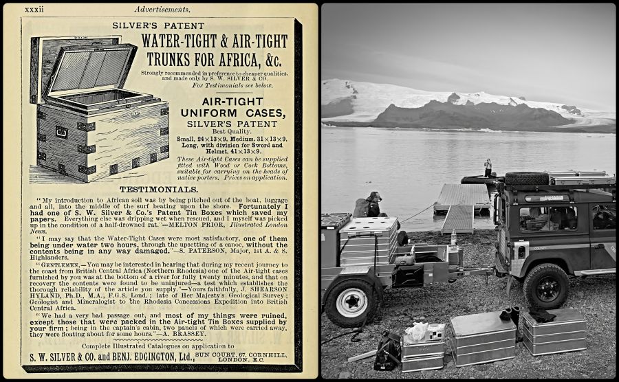 Examples of indispensable water-tight and air-tight trunks for travellers in 1901 and aluminium boxes in various sizes during fieldwork in Iceland in 2022. (Left: Coles, J., Hints to travellers, scientific and general…, 1901, p. XXXII | Right: ‘Bridge Builder Expeditions – Vatnajökull National Park, Iceland’. Photo: Lars Hansen, The IK Foundation). 