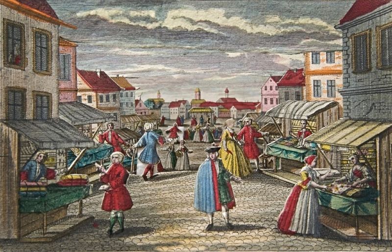 Interesting paper model scene of a marketplace from the second half of the 18th century. Each market stall is opening up to sell their products from premises on the ground floor in buildings on the marketplace. Notice the drapery seller to the left and how the folded fabrics in various colours are displayed. The scene probably depicted a town in Germany, divided into many small territories or German lands at the time. Several of these territories and towns were repeatedly noted in Könsberg’s dictionary about trading goods.| This is one of the scenes in the same paper model scene cupboard. (Courtesy: The Nordic Museum, Stockholm, Sweden. NMA.0056107. DigitaltMuseum).