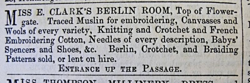 Given that one of the countries that initially predated the Swedish “crochet craze” and from where many crochet manuals were imported to Swedish customers, the technique also continued to be popular in England over the 19th century. In the coastal town of Whitby, for instance, locals or visitors could buy crochet and embroidery materials at ‘Miss E. Clark’s Berlin Room’, evident via repeated adverts in the local newspaper. | Advertisement in Whitby Gazette, April 1860. (Collection: Whitby Museum, Library & Archive). Photo: Viveka Hansen, The IK Foundation.