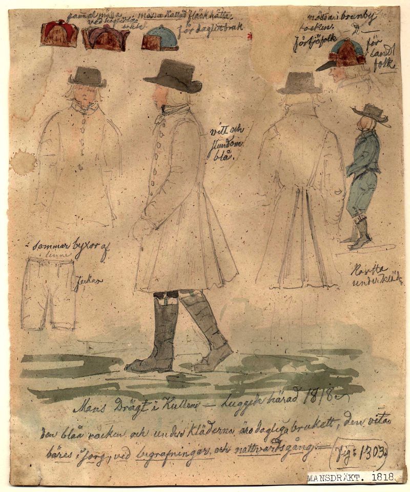  The comprehensive material of traditional clothing in the Mandelgren Collection is exemplified with this sketch/water-colour from the north west part of Skåne. The note reads; ‘Man’s costume from Kullen – Luggude district 1818, the blue coat and garments under are for daily use, the white is worn during mourning, at funerals and communion’. (Courtesy of: Folklivsarkivet, Lund, fig. 1303).