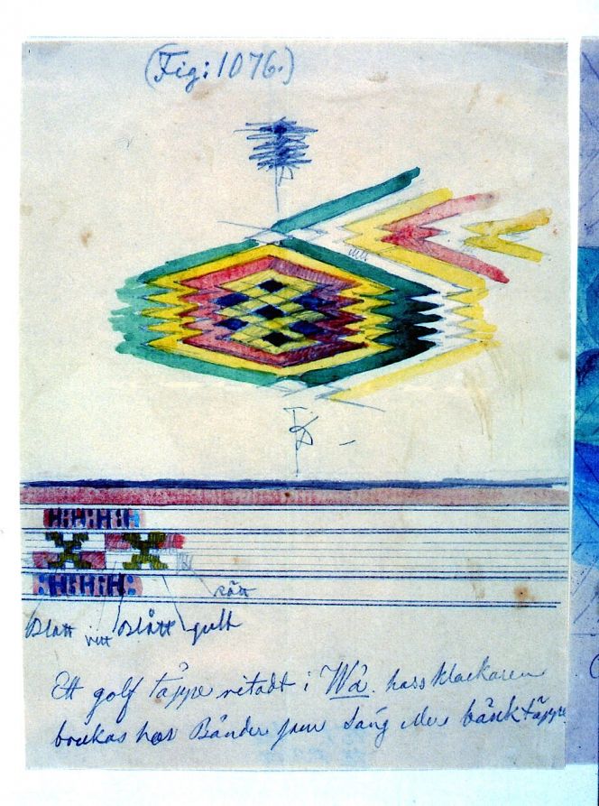 Water-colour depicting double interlocked tapestry described by Mandelgren as; ‘A floor rug sketched in Wä at the ringers, the borders use to be on bed- or bench covers’. The traditional textile had accordingly got a new function as a rug in 1865 from the visited home in Skåne. (Owner: Folklivsarkivet, Lund, no 1076). Photo: The IK Foundation, London.