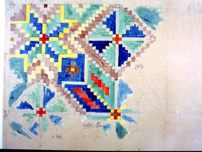 Water-colour depicting a double interlocked tapestry textile from Öfvarp, Ö Strö parish in Frosta district with eight-sided stars. (Owner: Folklivsarkivet, Lund, no 1080). Photo: The IK Foundation, London.