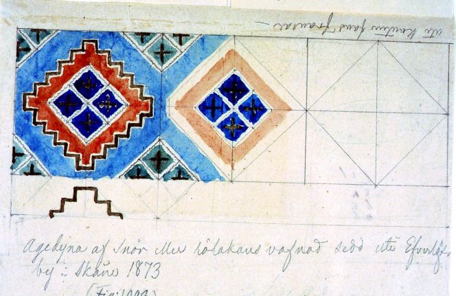 Water-colour showing a geometrical woven motif. Mandelgren noted; ‘travel cushion of double interlocked tapestry or “rölakan” studied in Efverlöf village in Skåne 1873’. Maybe this particular cushion had its origin from the village’s well-known family comprising of skilled female weavers during several generations; called “The inn’s daughters from Everlöv”. (Owner: Folklivsarkivet, Lund, no 1093). Photo: The IK Foundation, London.